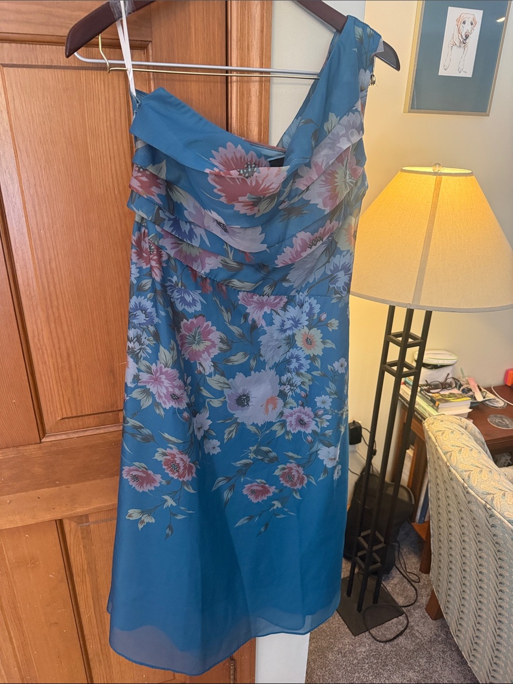 One-Shoulder Floral Asymmetrical Dress in Teal - Picture 2 of 8